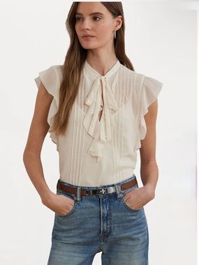 LAUREN RALPH LAUREN Tie-Neck Ruffle Sleeve Blouse - Cream - Ivory $79.50 New